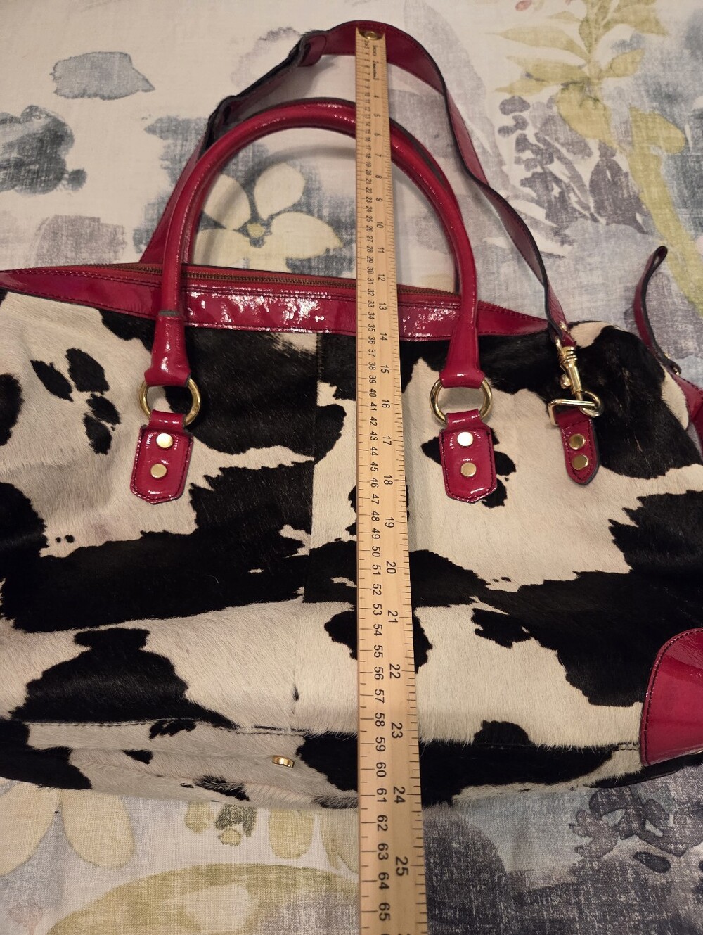CAVALCANTI Black White Calfβ Hair Cow Print Red Italian Leather X-Large Tote Bag - Picture 8 of 16